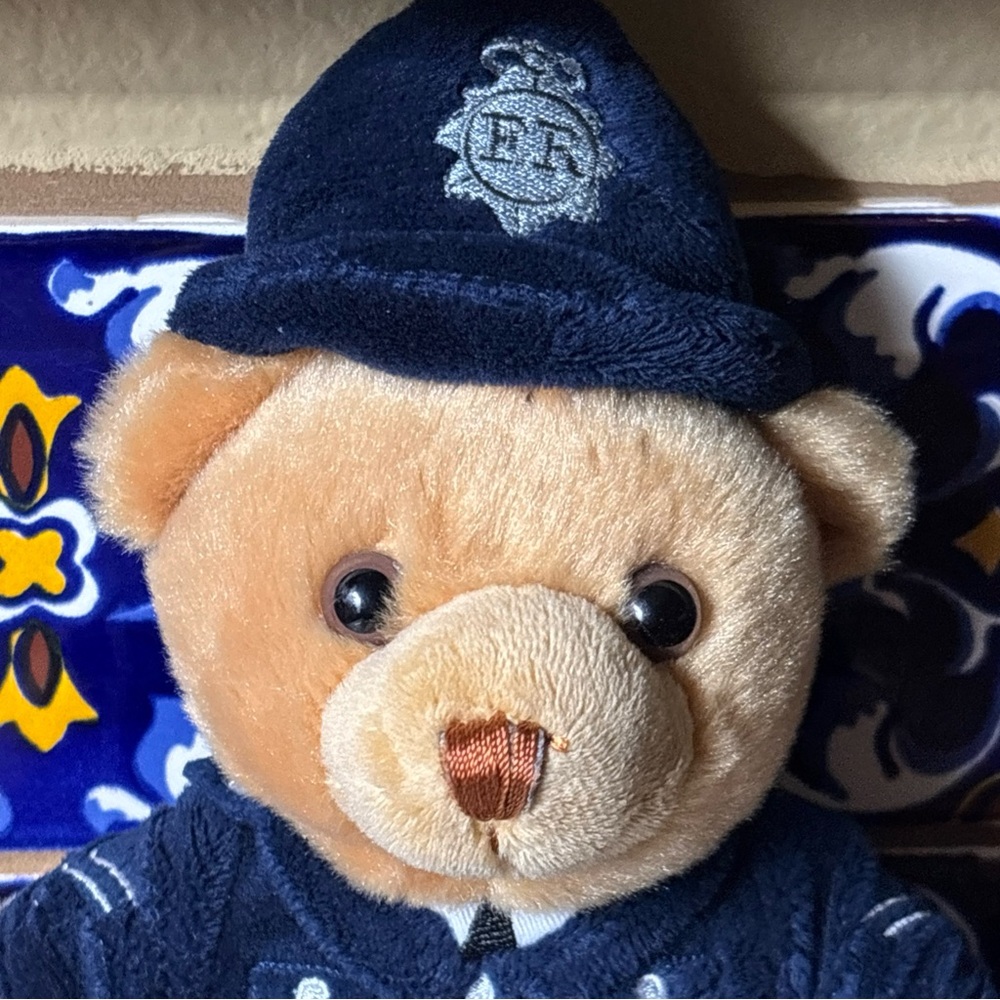 Plush Police Bear Toy - Tan and Blue kids stuffed animal used - Picture 2 of 16